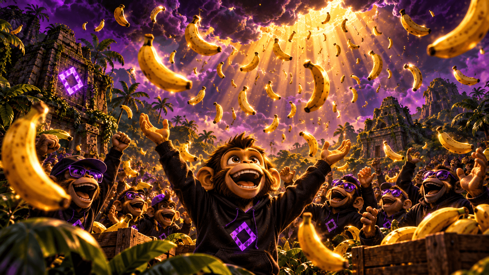 A crowd of monkes cheer with raised arms as bananas fall from a glowing purple and gold sky over jungle ruins.